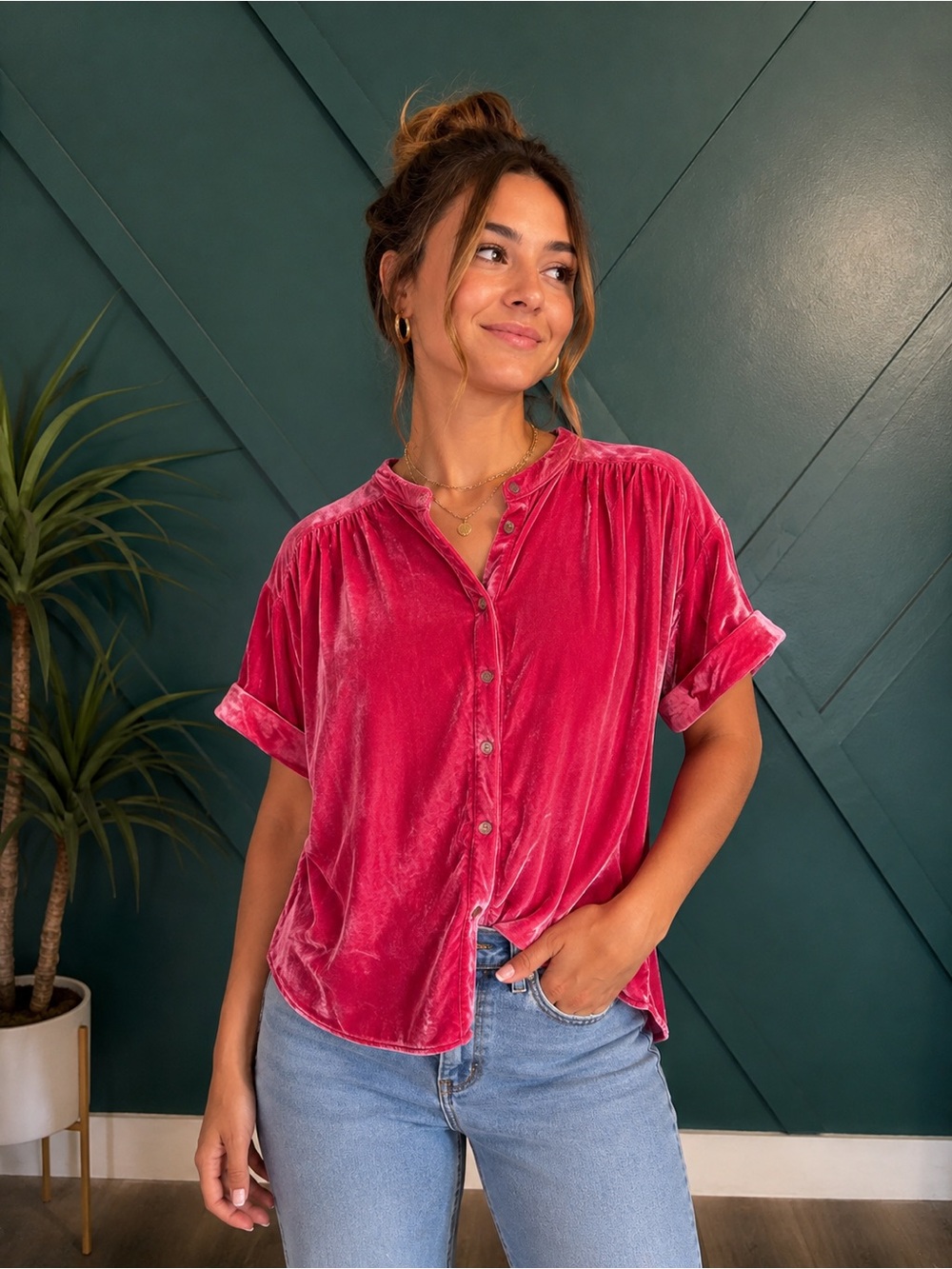 Sundance Velvet Skies Silk Blend Button-Down Short Sleeve Top - Rose